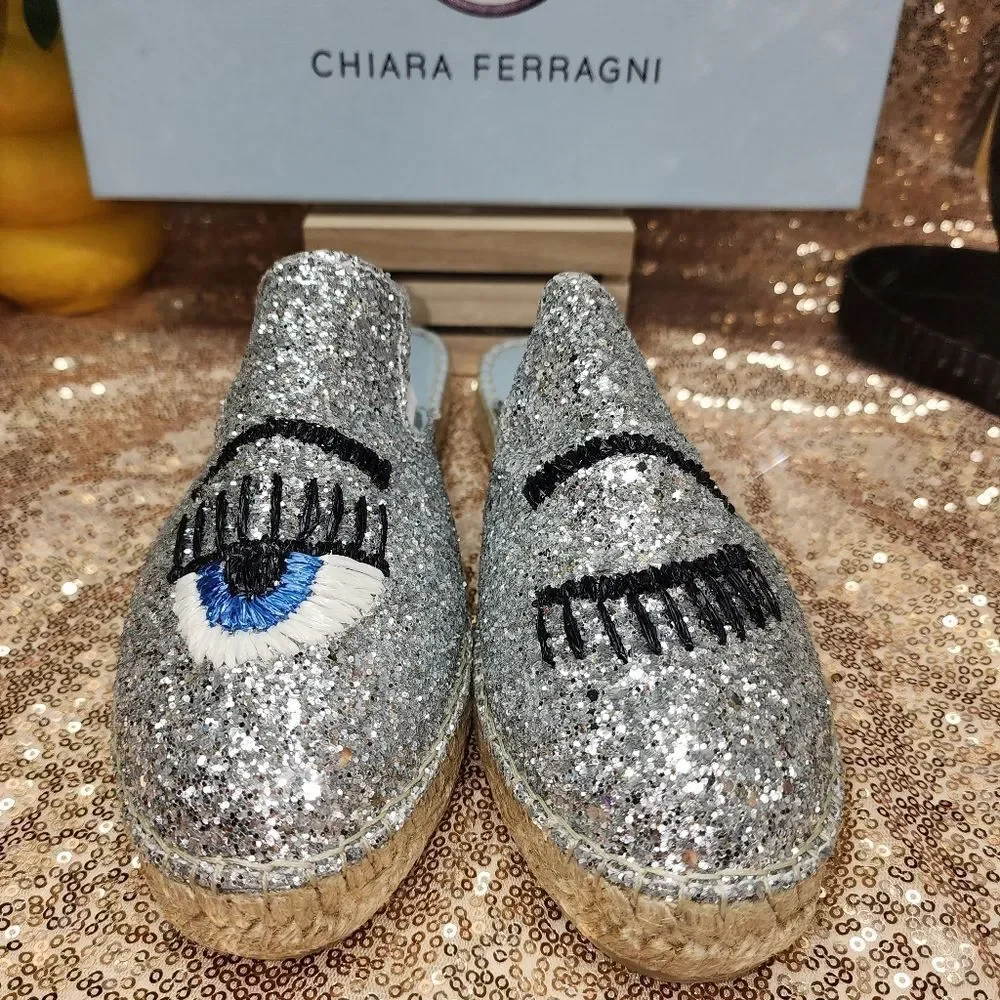 CHIARA FERRAGNI Glitter Espadrille Mules In Silver